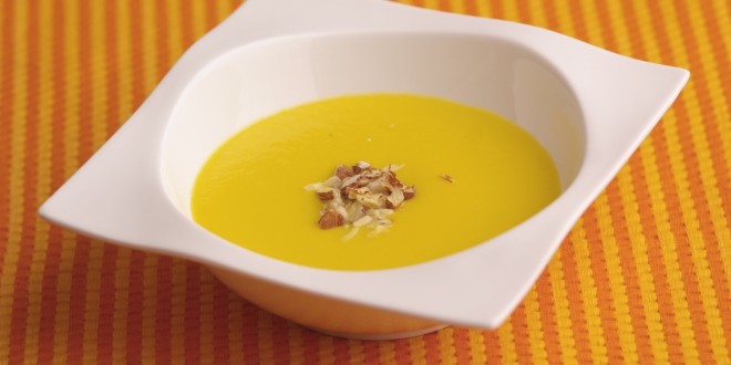 CREAM OF LEEK AND PUMPKIN SOUP WITH ALMONDS