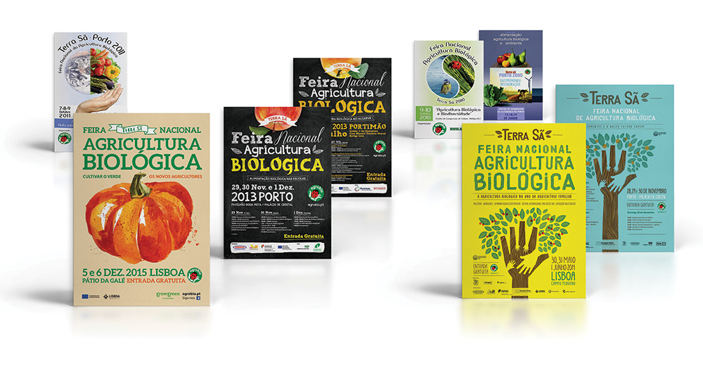 Vários cartazes promocionais da Terra Sã, Feira Nacional de Agricultura Biológica, realizadas por todo o país pela Agrobio.